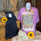 REMOVED BRAND. Bleached tee with colorful leopard sublimation in purple, mustard or gray. Bella Canvas. S, M, L, XL $15