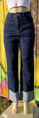 Wisteria Lane brand. Straight leg, boyfriend fit, wide cuffed jeans in dark denim. S, M, L $60