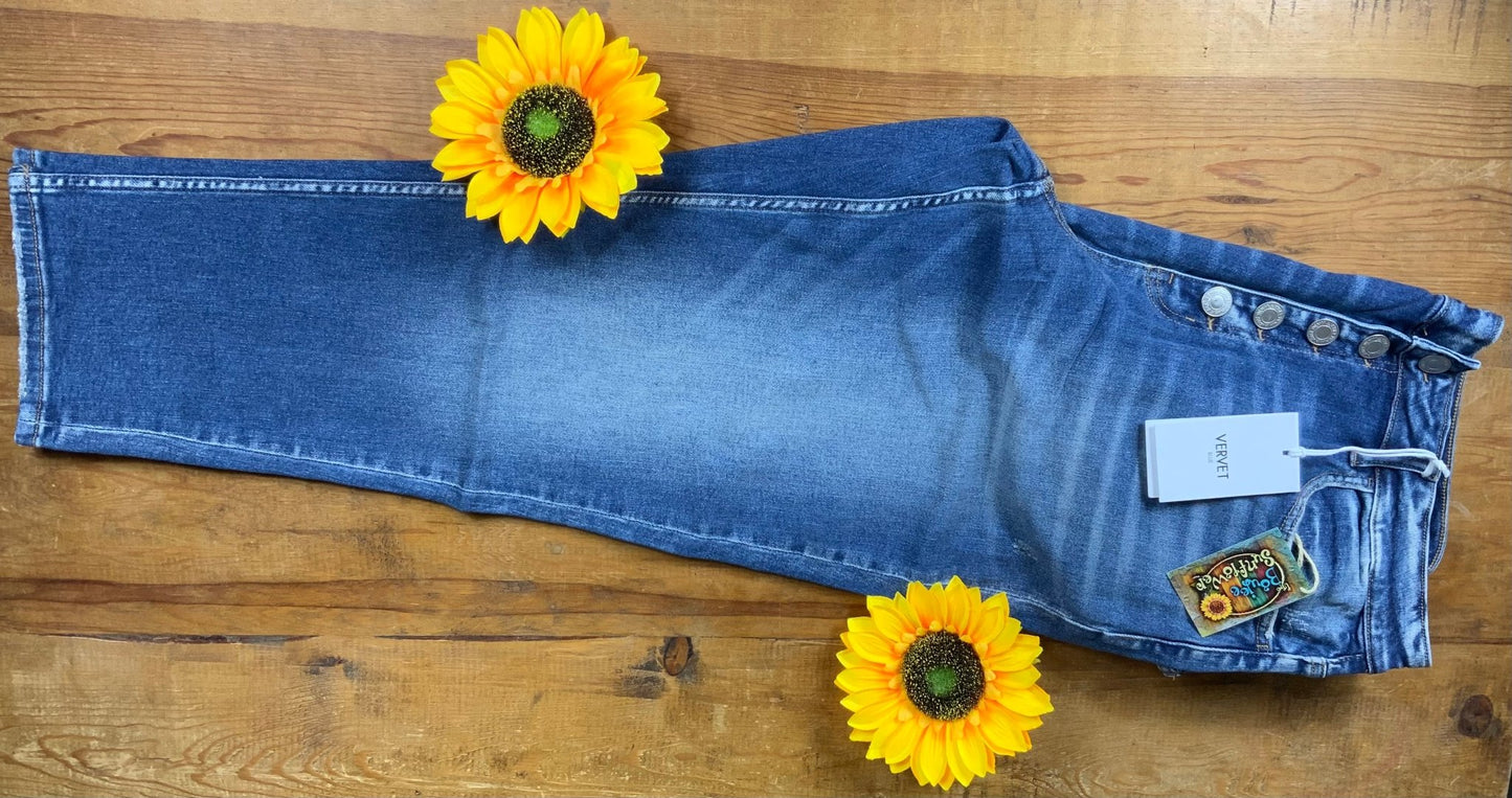 VERVET by Flying Monkey brand. Plus size button fly, stretchy, slightly distressed and faded accented mom jeans.