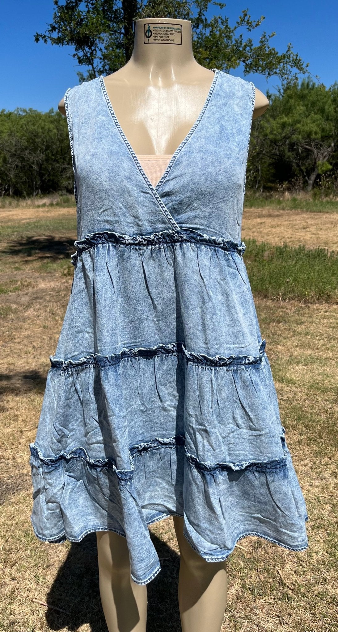 Vanilla Monkey brand. This denim sundress is lightweight, washed denim with ruffle detail and tiered design. S, M, L, XL. $38