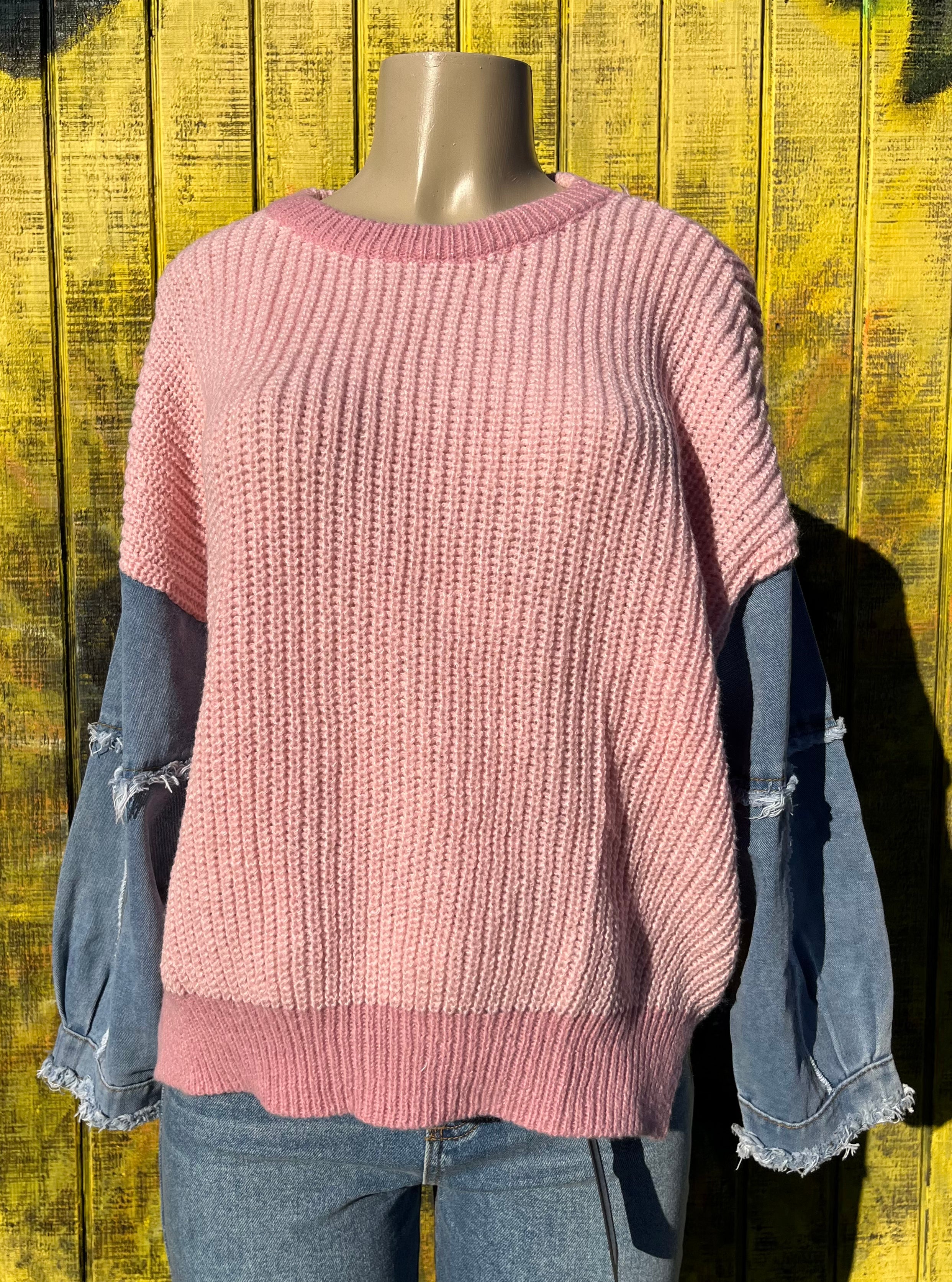 ADORA LA. Pink color block sweater with distressed, frayed denim sleeves. S, M, L $43.50