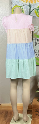 Shopin LA brand. Striped color blocked sundress with side pockets. Ruffle detail. White, pink, yellow/orange, blue and green.