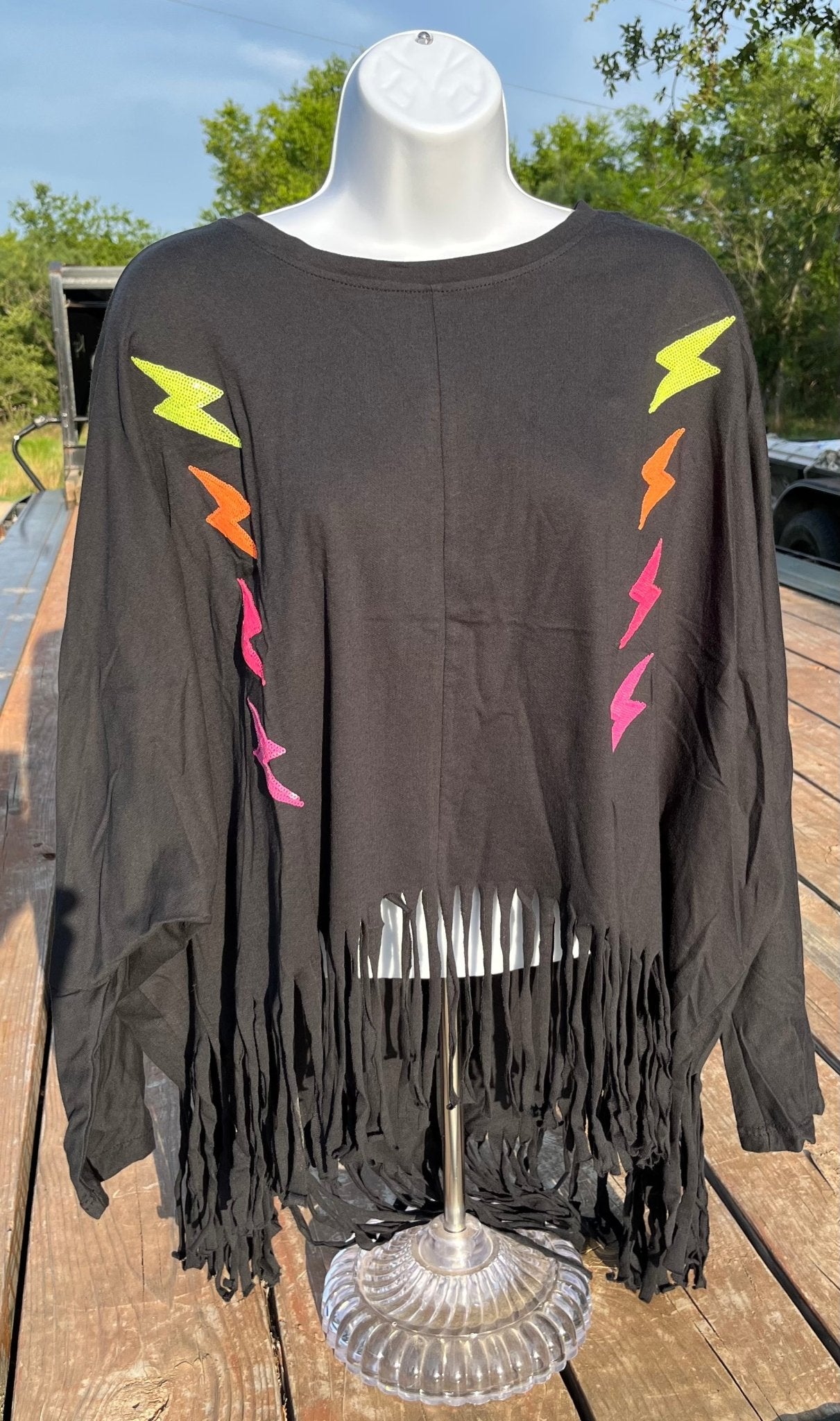 Vanilla Monkey brand. Long sleeved, cropped front, fringed top with yellow, orange and pink sequined lightning detail.