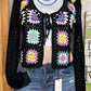 ADORA LA brand. This front tie crocheted cardigan is available in black or cream. Randomly sewn multicolored granny squares.