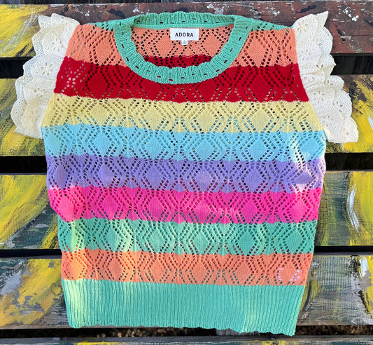 Top de crochet multicolor con manga con ojales