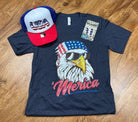 Southern Attitude Designs Inc brand. Patriotic eagle donning sunglasses and flag bandana on a heathered navy Bella Canvas tee. S, M, L, XL, 2XL. $27, $31