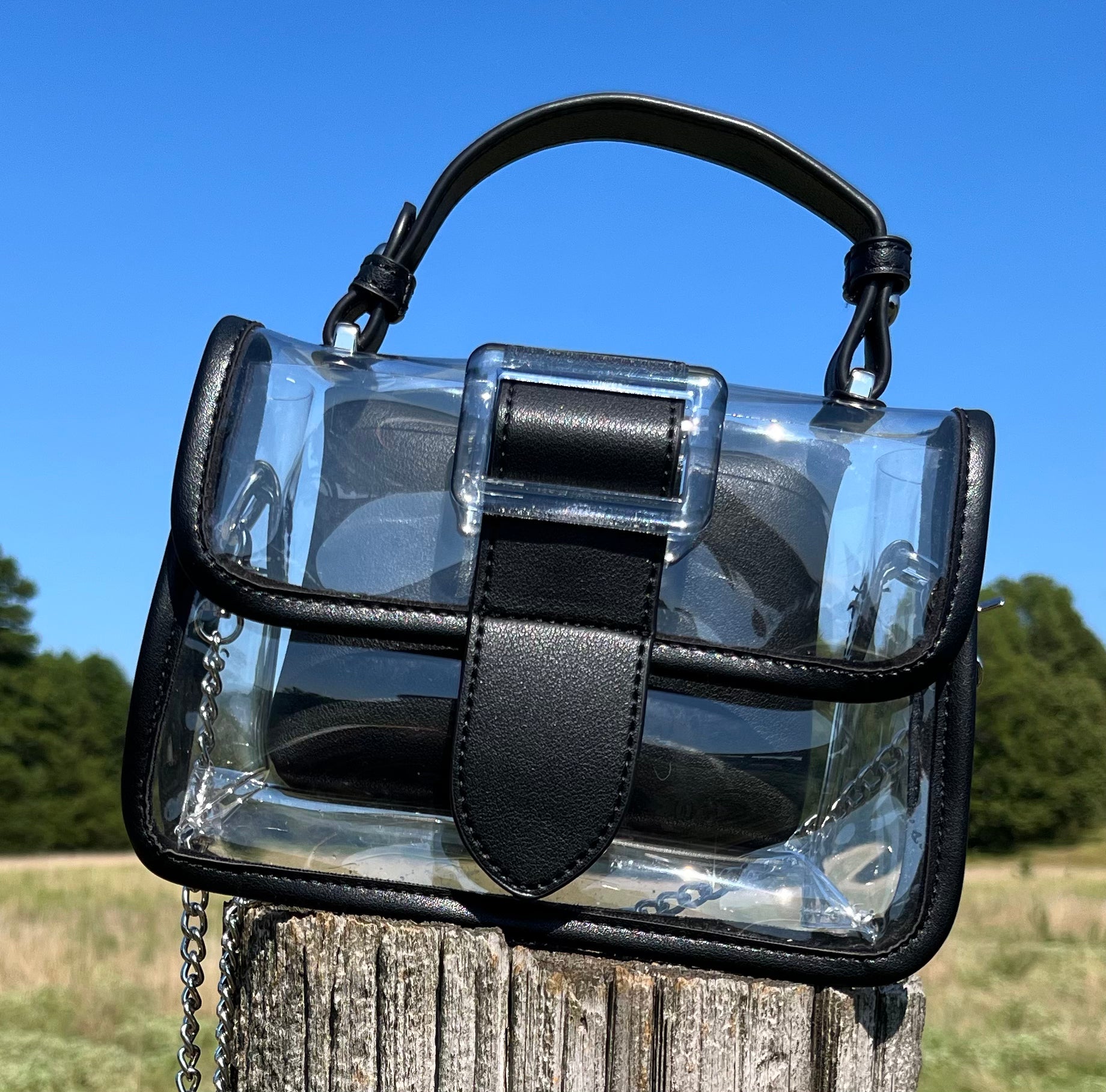 Miss Sparkling brand. Translucent buckle purse with black magnetic buckle, removable snap wallet and long shoulder chain. $28