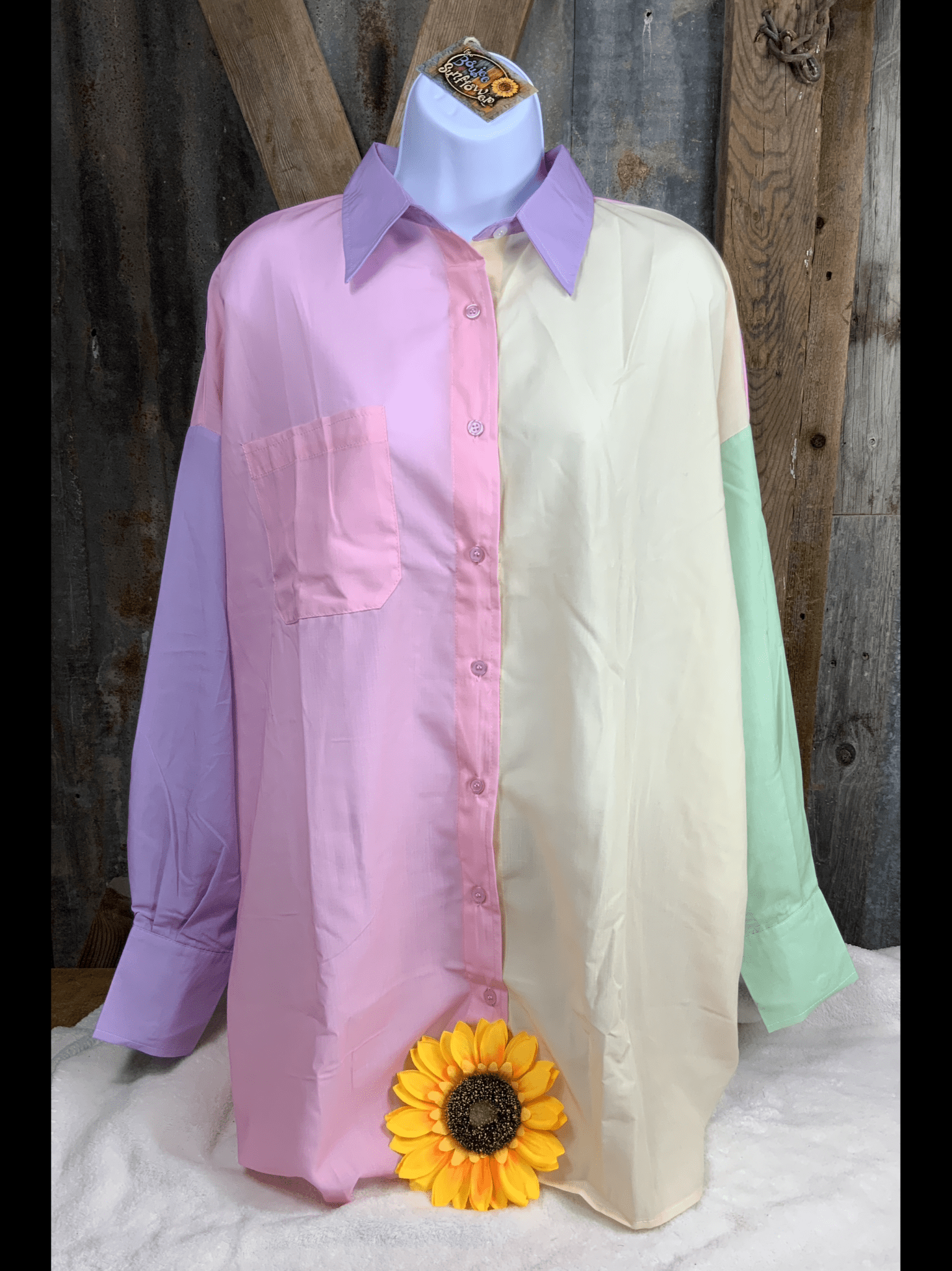 ESLEY brand. Pastel color block button down long sleeved blouse in green, yellow, pink and purple. S, M, L. $15