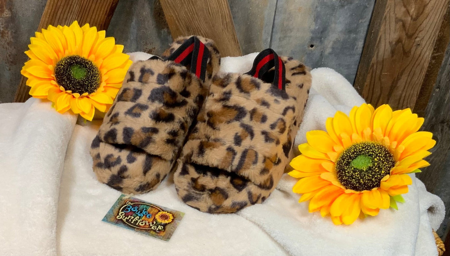 LivFoxy brand. These slipper sandals feature a plush, soft upper and a lightweight platform. leopard, blush, tie dye or black