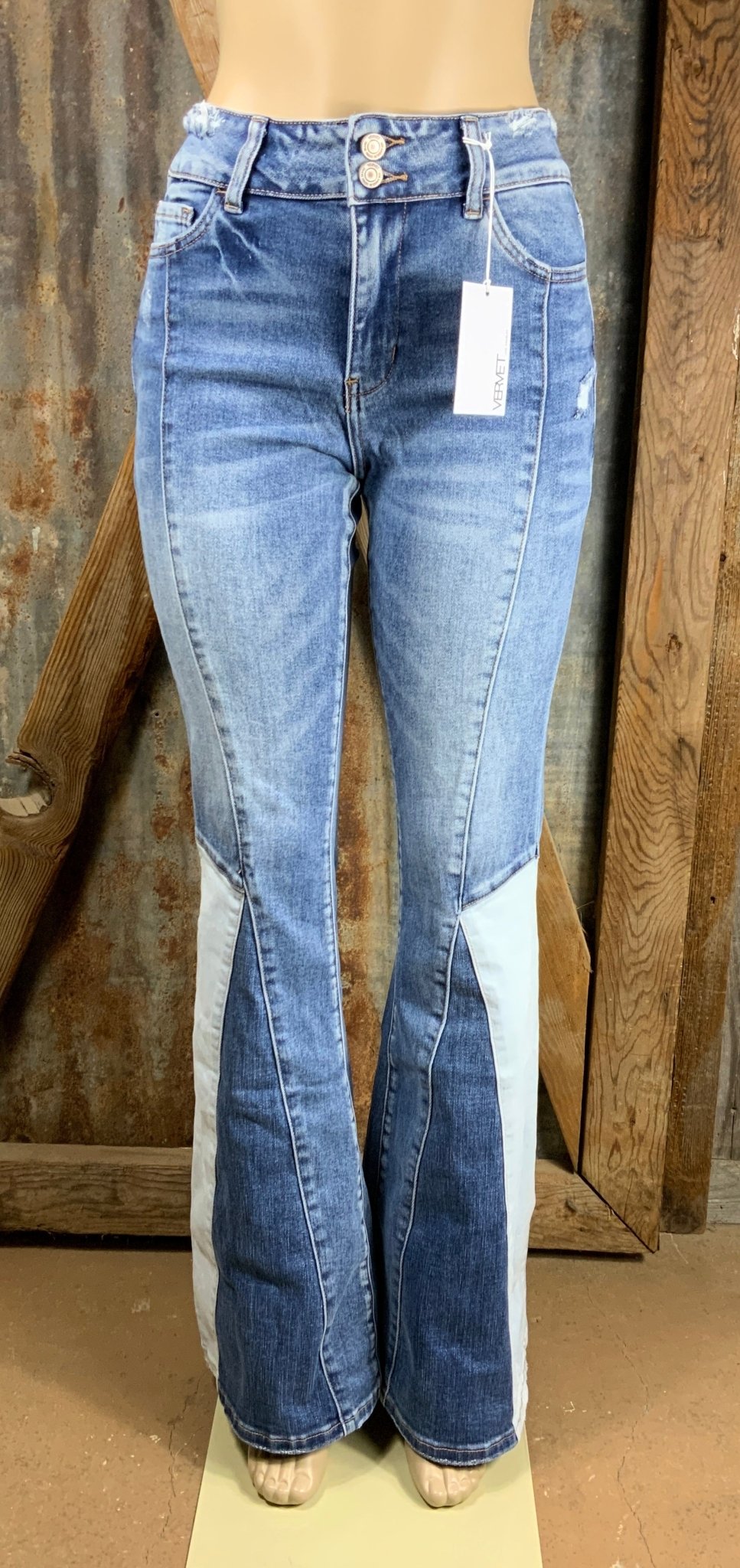 VERVET by Flying Monkey brand. High rise and super flare vintage look jeans in medium wash with a light wash panel.