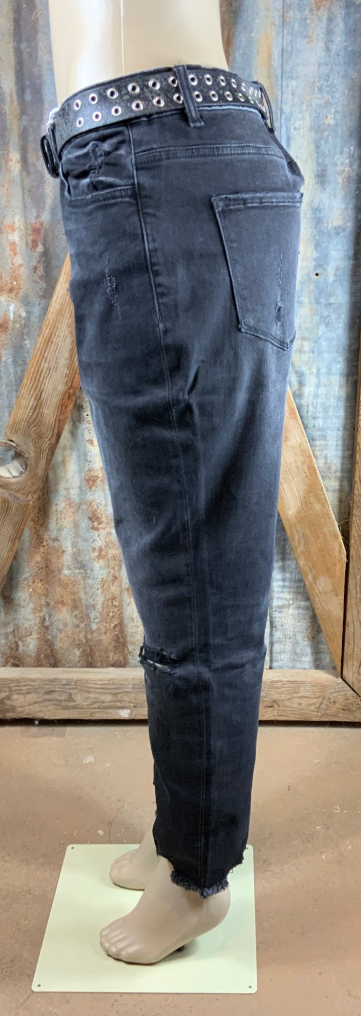 VERVET by Flying Monkey brand. Plus size, high rise, button fly, cropped skinny jeans. Stretch, knee distressing w/ raw hem.