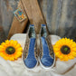 Gypsy Jazz brand. Double-sided leopard print, blue variegated denim and distressed accents. White sole  with black outline.