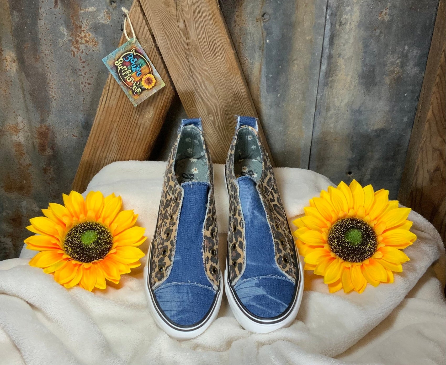 Gypsy Jazz brand. Double-sided leopard print, blue variegated denim and distressed accents. White sole  with black outline.