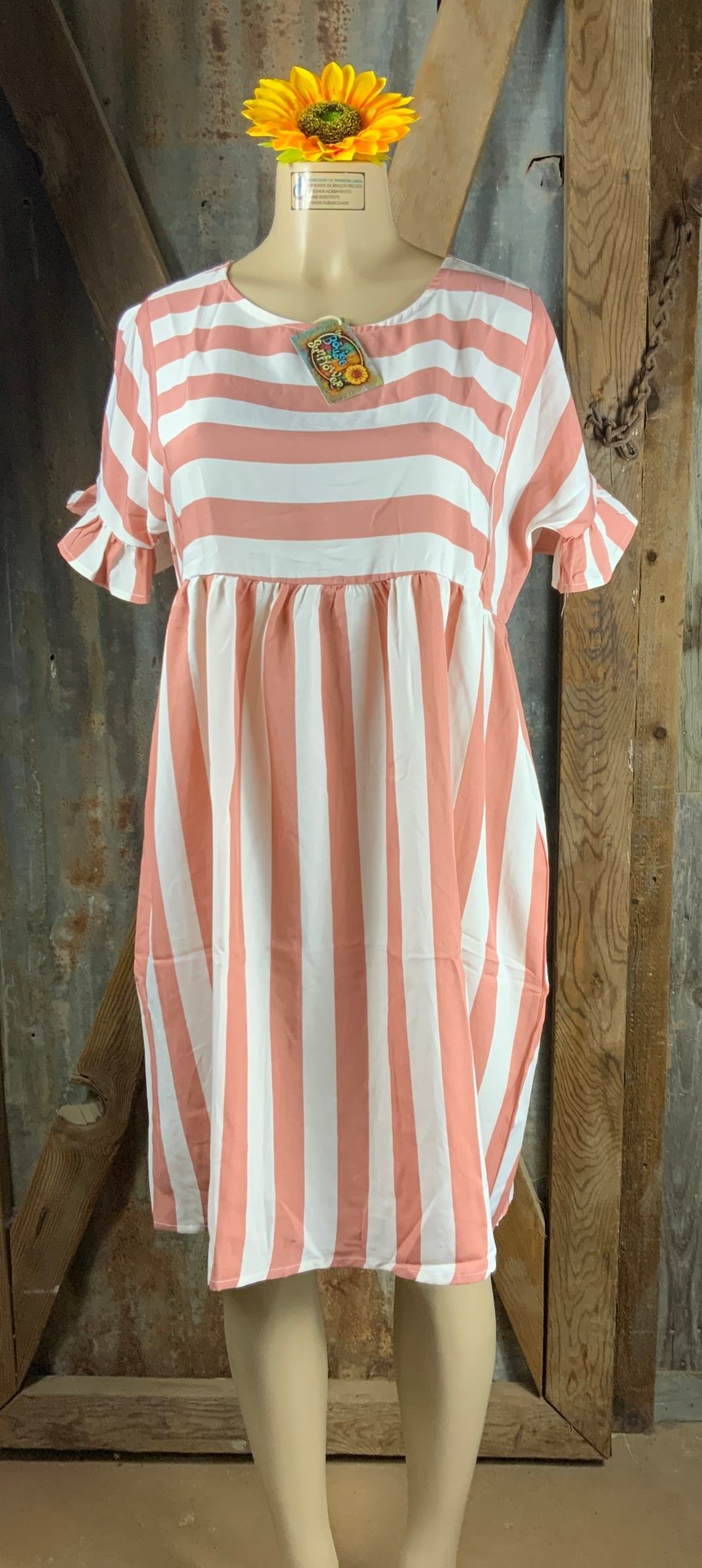 ESLEY brand. Blush and white striped babydoll dress with ruffled sleeve detail and tapered fit. L $10