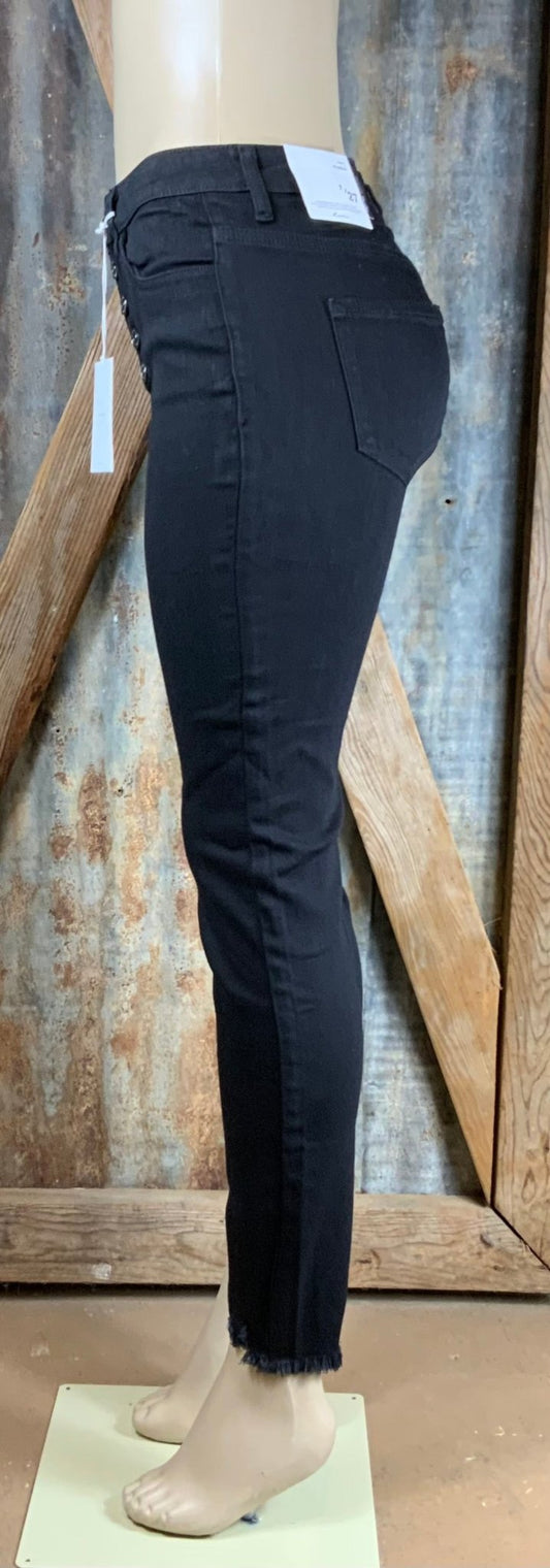 KanCan brand. These black skinny jeans are high rise with button fly. So stretchy that downsizing is suggested.