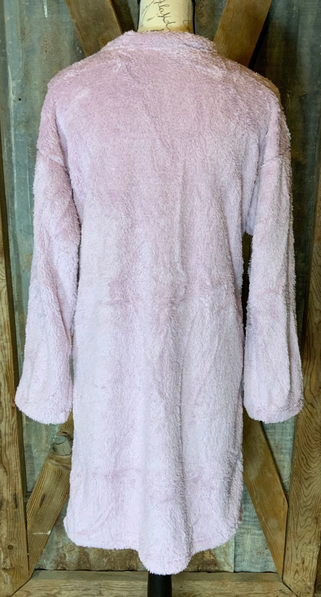 Melody brand. Mid-length, open front, ribbon tie fleece wrap in Lavender.  S, M, L $35