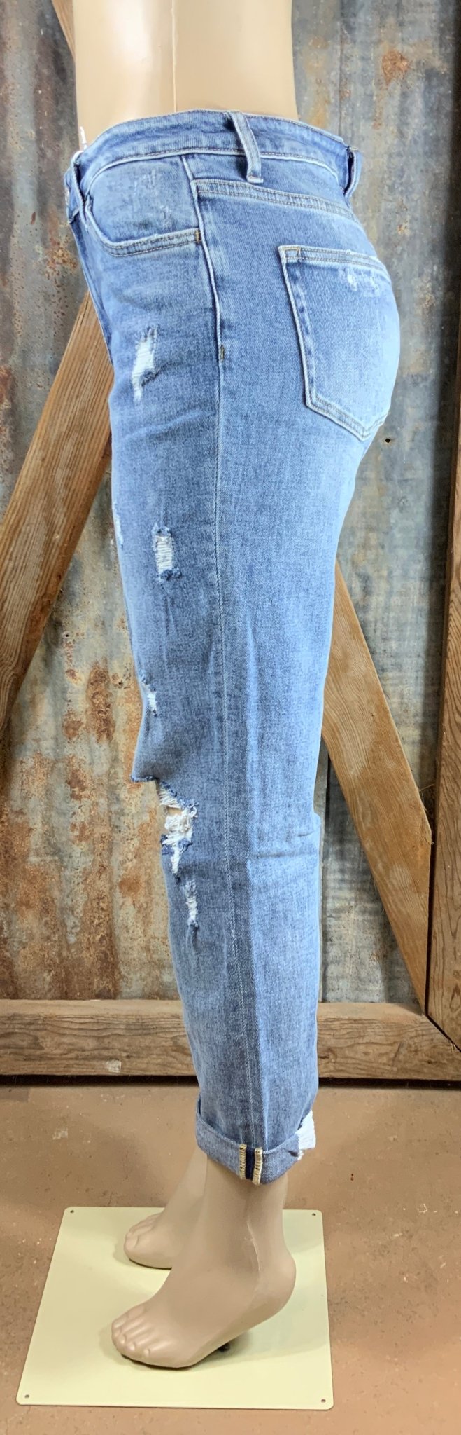 VERVET by FLYING MONKEY brand. Distressed Stretch Boyfriend Jeans with stretchy, slouchy fit and double cuff hem.