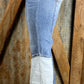 VERVET by Flying Monkey brand. High rise and super flare vintage look jeans in medium wash with a light wash panel.