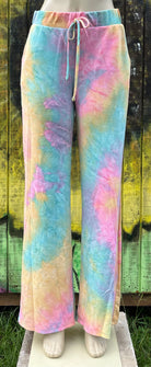 Bluivy brand. Bright, pastel colored, tie dyed loungers with elastic drawstring waist and pockets in French terry fabric. S, M, L. $33