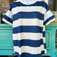 Origin Hey brand. Classic blue and white striped crew neck tee. Polyester. S, M, L, XL $18