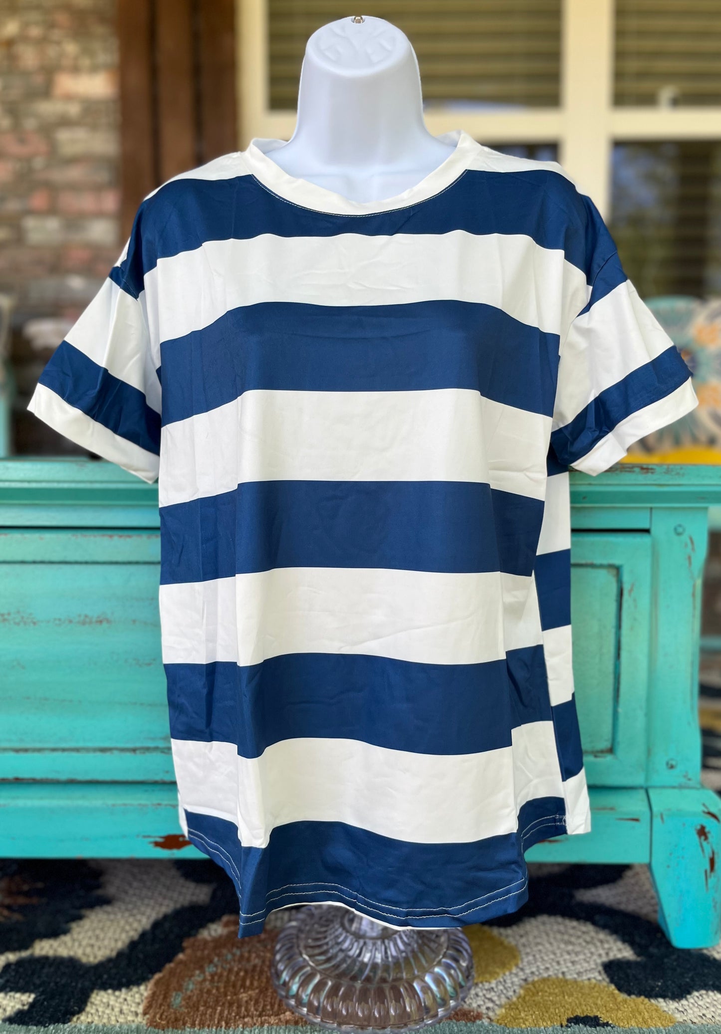 Origin Hey brand. Classic blue and white striped crew neck tee. Polyester. S, M, L, XL $18