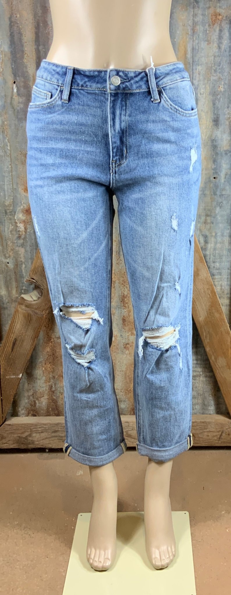 VERVET by FLYING MONKEY brand. Distressed Stretch Boyfriend Jeans with stretchy, slouchy fit and double cuff hem.