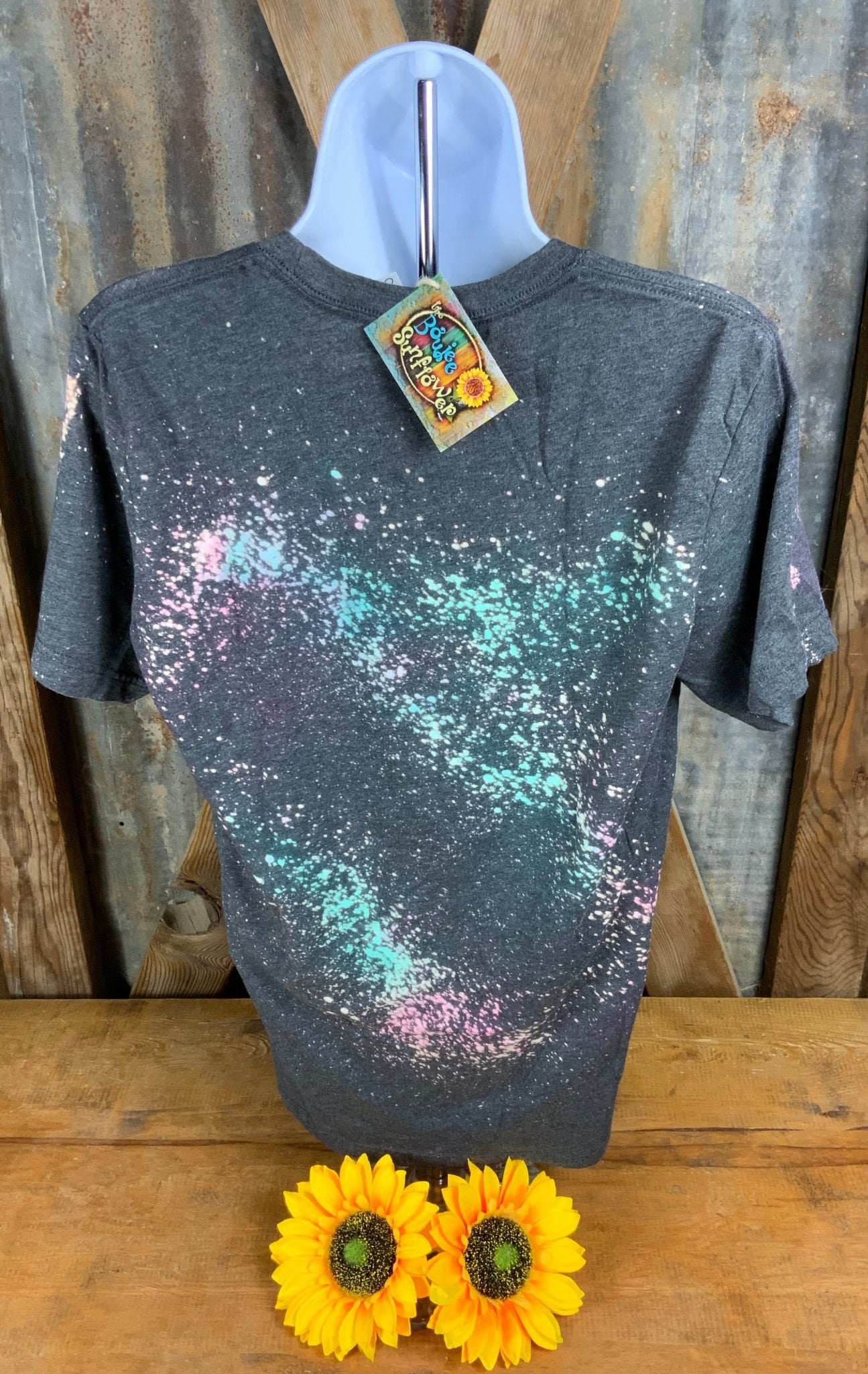 REMOVED BRAND brand. Gray bleached accented with pink tint Bella Canvas with turquoise sublimation and black leopard tee.