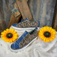 Gypsy Jazz brand. Double-sided leopard print, blue variegated denim and distressed accents. White sole  with black outline.