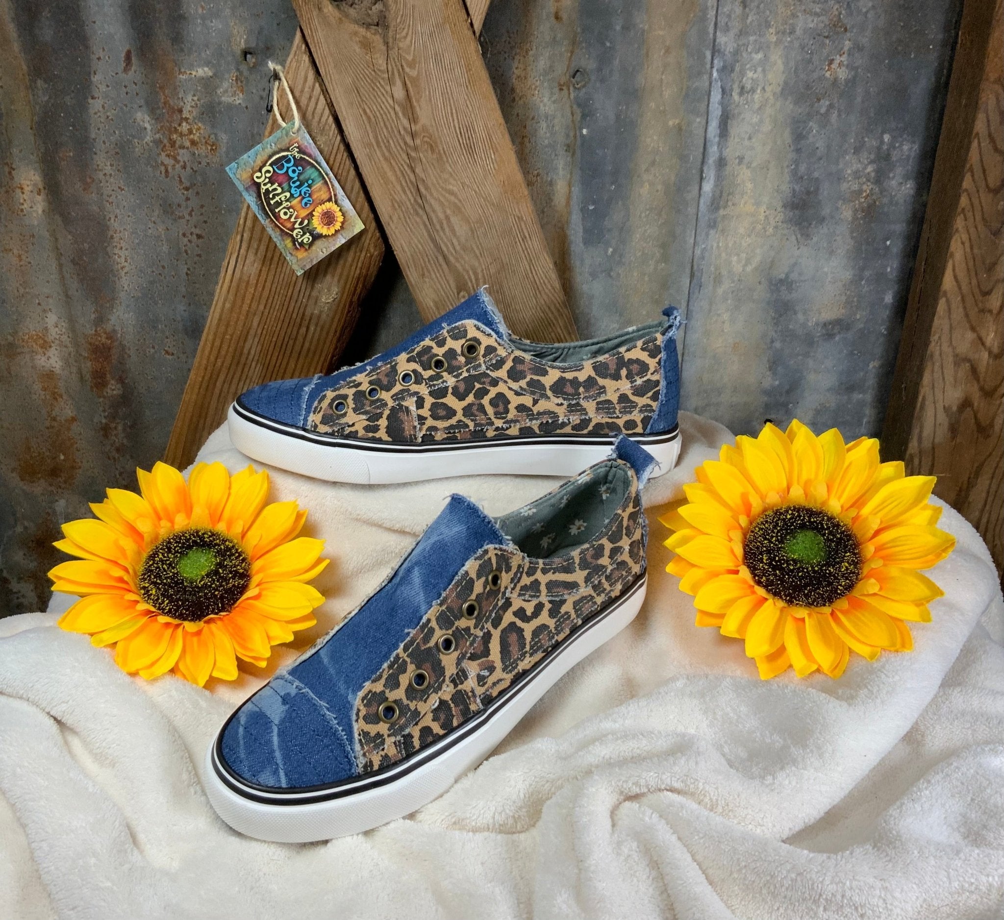 Gypsy Jazz brand. Double-sided leopard print, blue variegated denim and distressed accents. White sole  with black outline.