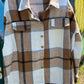 Unishe brand. Plaid button down shacket in coffee brown, cream and black. S, M, L, XL. $40