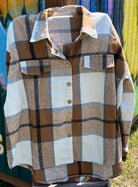 Unishe brand. Plaid button down shacket in coffee brown, cream and black. S, M, L, XL. $40