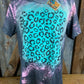 REMOVED BRAND brand. Gray bleached accented with pink tint Bella Canvas with turquoise sublimation and black leopard tee.