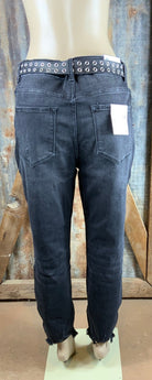 VERVET by Flying Monkey brand. Plus size, high rise, button fly, cropped skinny jeans. Stretch, knee distressing w/ raw hem.