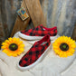 Gypsy Jazz brand. Buffalo plaid with criss-crossed strap Velco closures and white soles.