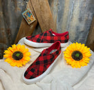 Gypsy Jazz brand. Buffalo plaid with criss-crossed strap Velco closures and white soles.