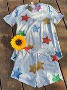 7th Ray brand. Soft gray knit top with multicolored stars. S, M, L, XL. $15