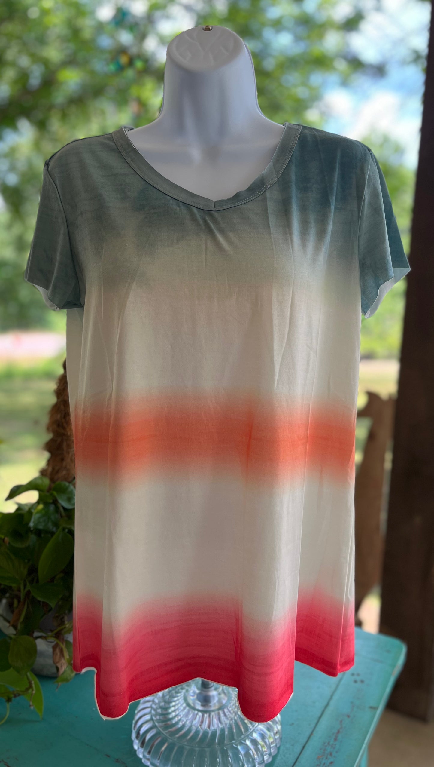 Shiying Fashion brand. Tie dye tee in aqua, orange, pink and cream. Lightweight V-neck. S, M, L, XL. $20