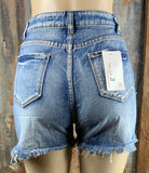 Lu fun brand. Distressed, frayed hem shorts with button fly. M, L, XL $33