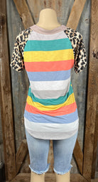 Celeste Clothing brand. Mocha cut out V-neck, multicolored block stripes and contrasting leopard short sleeves.