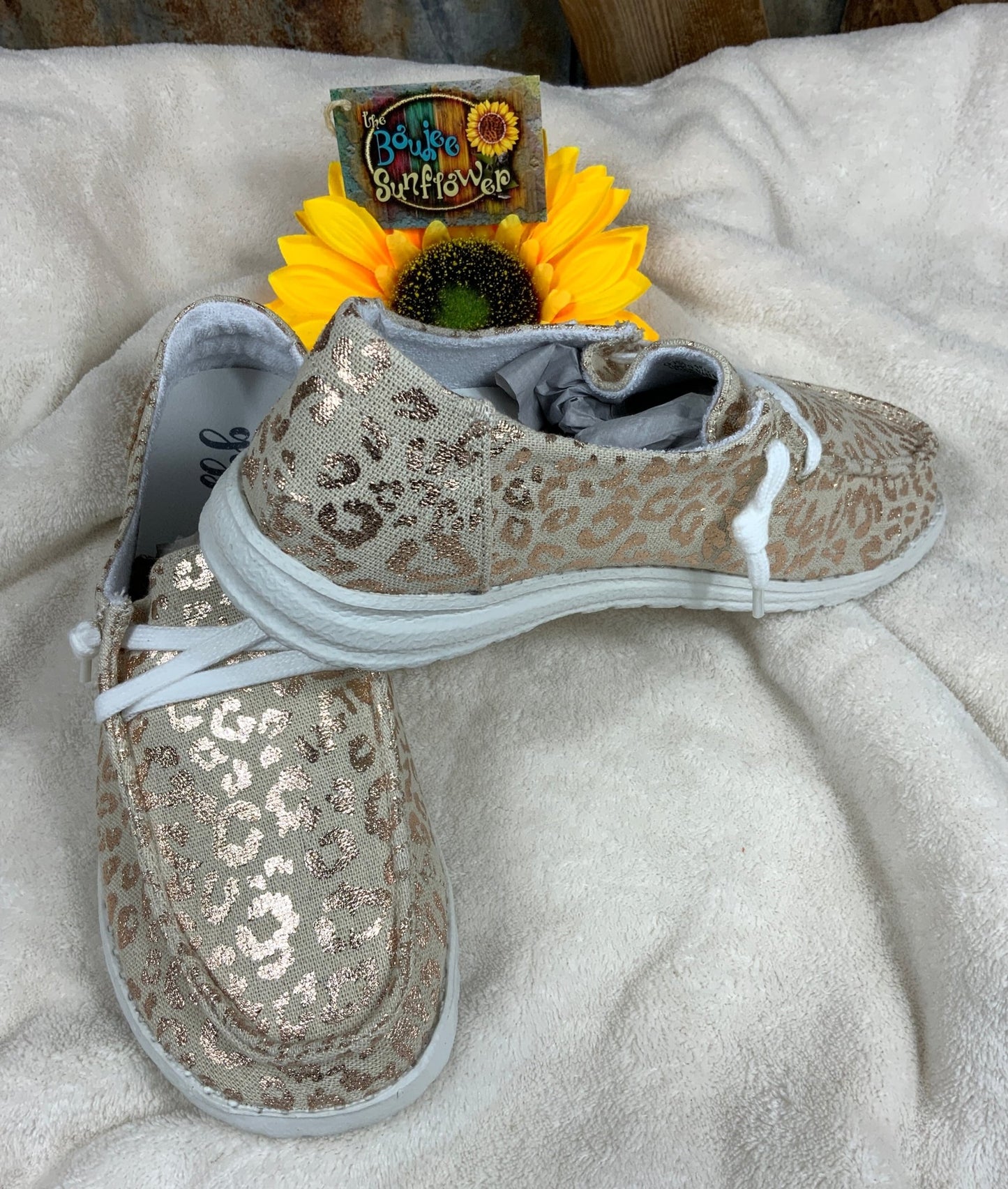 Gypsy Jazz brand. Kylie is a slip-on tan canvas shoe with gold metallic leopard print, lace detail & lightweight rubber sole.