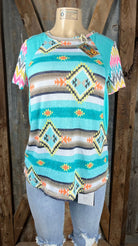 Celeste Clothing brand. This mint top has Aztec and mixed pattern multicolored designs and colorful chevron short sleeves.