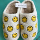 Katydid brand. Soft white exterior with yellow happy faces with beige soft interior and white hard rubber soles for indoor/outdoor wear. S/M fits sizes 6-7, M/L fits sizes 8-9, L/XL fits size 10. $22 