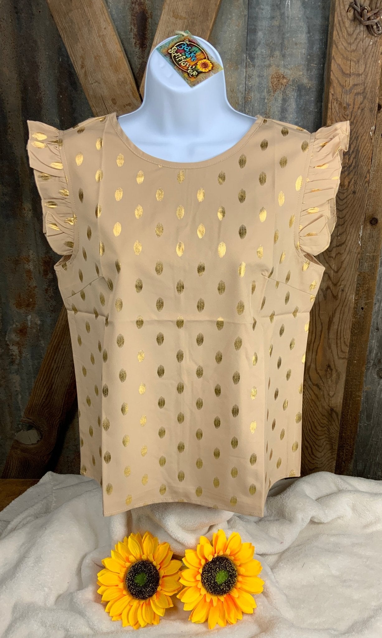 ESLEY brand. Tan lightweight woven fabric blouse w/ gold foil polka dots w/ ruffled flutter sleeves & keyhole button back.