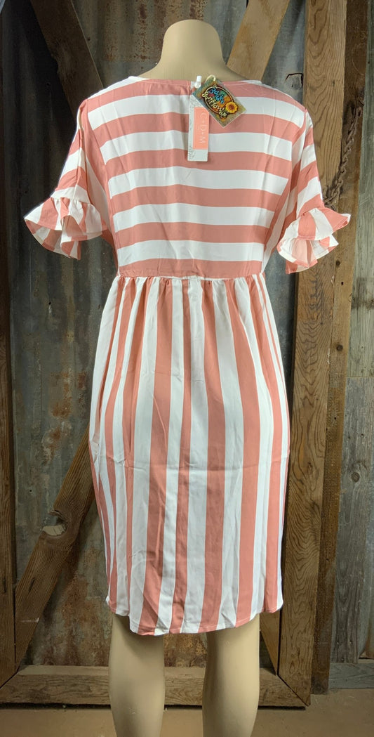 ESLEY brand. Blush and white striped babydoll dress with ruffled sleeve detail and tapered fit. L $10