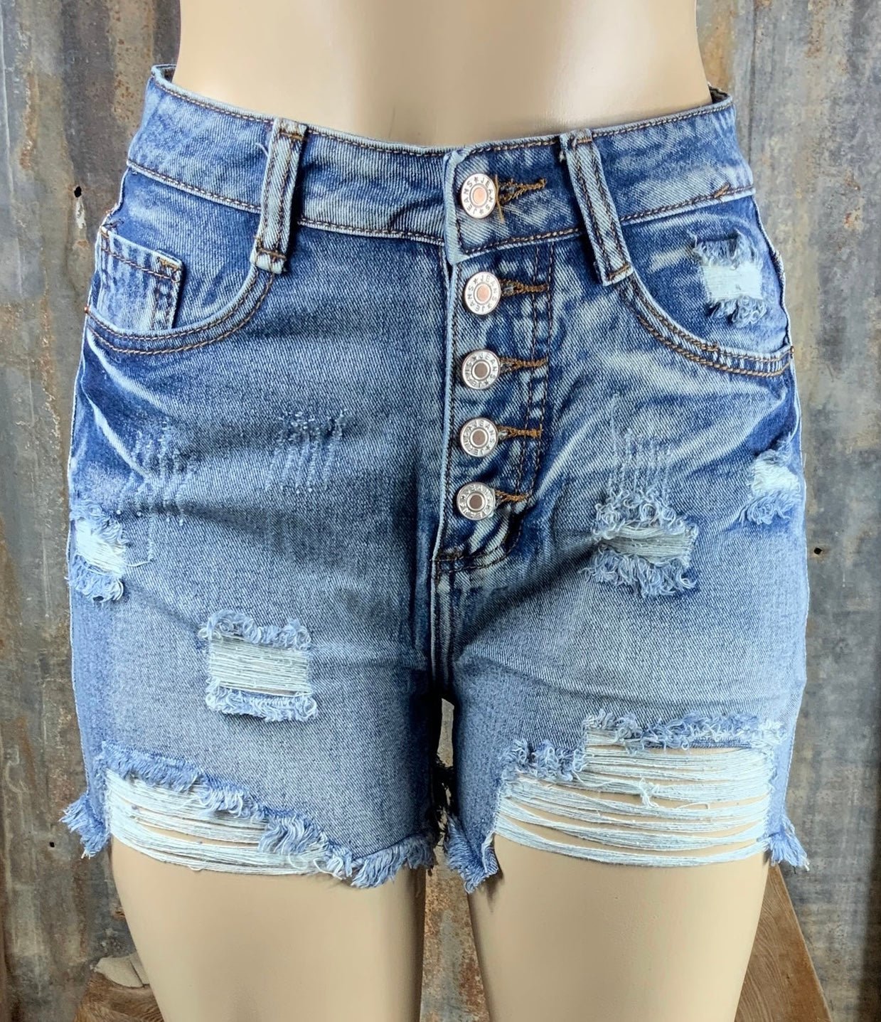 Lu fun brand. Distressed, frayed hem shorts with button fly. M, L, XL $33