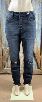 VERVET by Flying Monkey brand. Plus size, high rise, button fly, cropped skinny jeans. Stretch, knee distressing w/ raw hem.