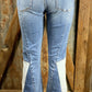 VERVET by Flying Monkey brand. High rise and super flare vintage look jeans in medium wash with a light wash panel.