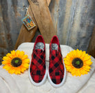 Gypsy Jazz brand. Buffalo plaid with criss-crossed strap Velco closures and white soles.