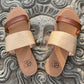 Miami Shoe brand. Tan combo flat sandal with thin faux leather brown toe strap and wider tan twine band with lightly padded sole. Sizes: 6, 7, 8, 9, 10. $25