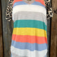 Celeste Clothing brand. Mocha cut out V-neck, multicolored block stripes and contrasting leopard short sleeves.